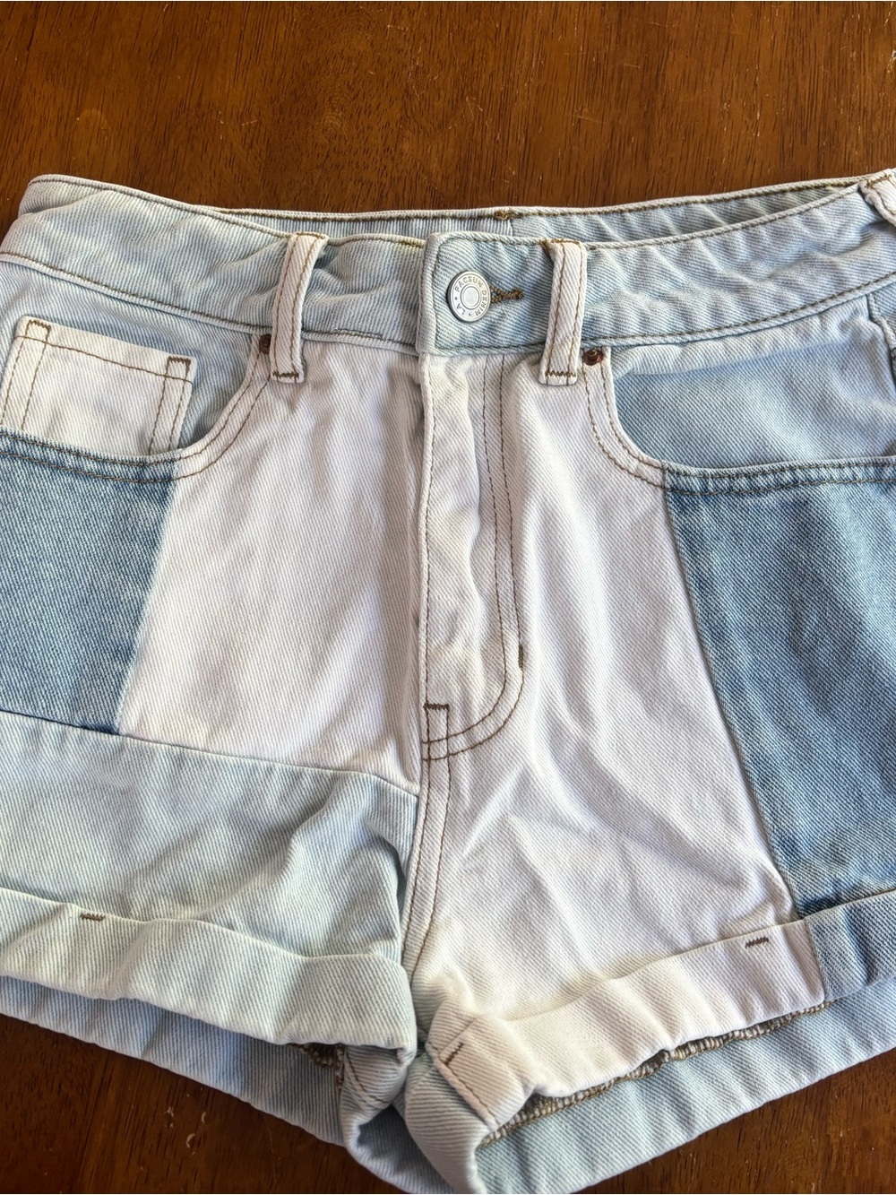 PacSun Two-Tone Light Blue Patchwork Denim Mom Shorts